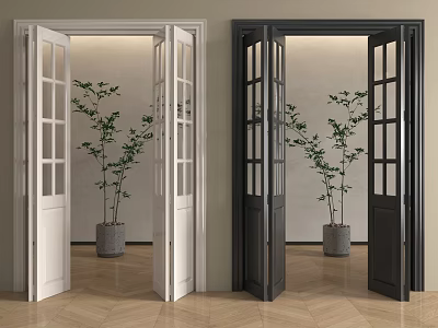 Open White and Black Folding Doors with Indoor Potted Plant and Wooden Floor 3d model
