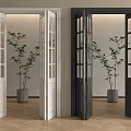 Open White and Black Folding Doors with Indoor Potted Plant and Wooden Floor