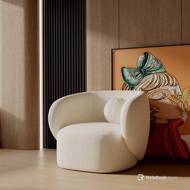White Accent Chair with Decorative Painting against Wooden Wall and Black Vertical Striped Decoration 3d model 
