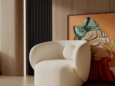 White Accent Chair with Decorative Painting against Wooden Wall and Black Vertical Striped Decoration 3d model