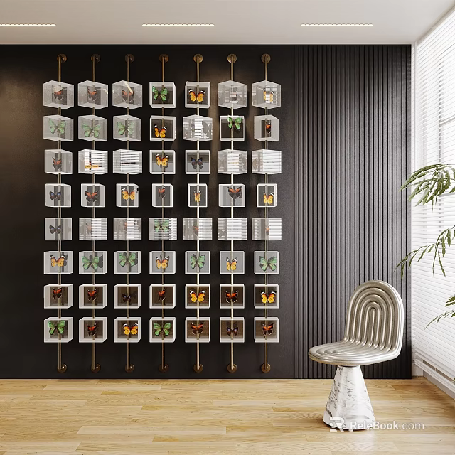Dark Wall Adorned With Multiple Display Frames And Butterfly Art 3d model 