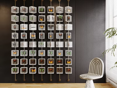 Dark Wall Adorned With Multiple Display Frames And Butterfly Art 3d model