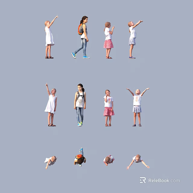 Group of Children in Various Poses Including Raising Hands Walking and Handstands Against Gray Background 3d model 