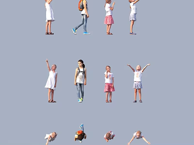 Group of Children in Various Poses Including Raising Hands Walking and Handstands Against Gray Background 3d model