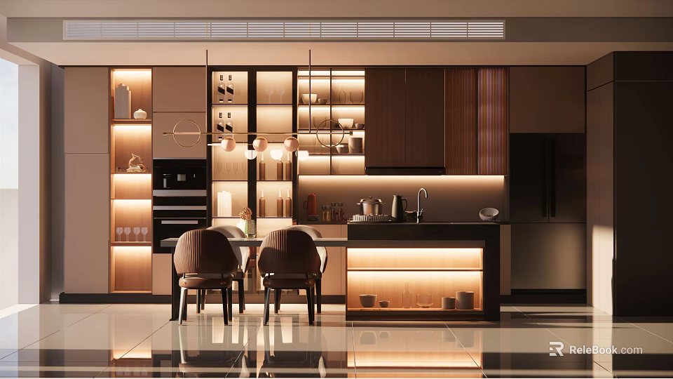 Elegant Modern Kitchen Interior With Island Countertop Wooden Cabinets Built-in Appliances And Lighting Design 3d model 