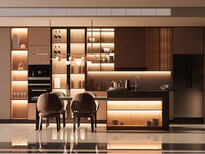 Elegant Modern Kitchen Interior With Island Countertop Wooden Cabinets Built-in Appliances And Lighting Design 3d model