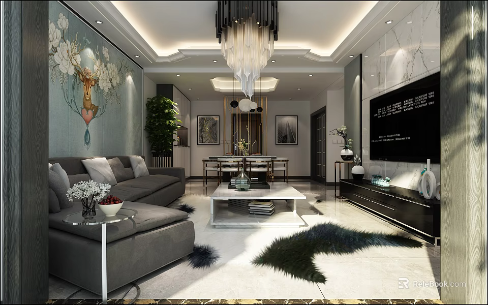 Modern Light Luxury Integrated Living And Dining Room With Elegant Furniture And Comfortable Interior Design 3d model 