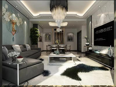 Modern Light Luxury Integrated Living And Dining Room With Elegant Furniture And Comfortable Interior Design 3d model