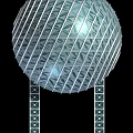 Modern Spherical Stadium Building With Spiral Glass And Metal Frame Supporting Pillars Against Blue Sky