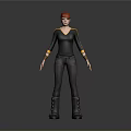 Woman with red hair wearing black top and yellow accents black pants and boots