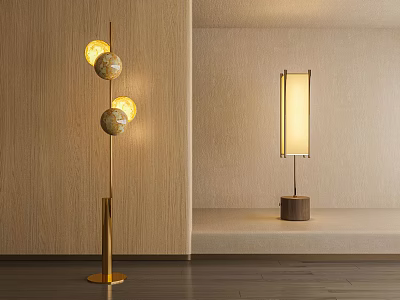 Modern Floor Lamps With Golden Pole Spherical Shades And Rectangular Design In Wooden Room 3d model