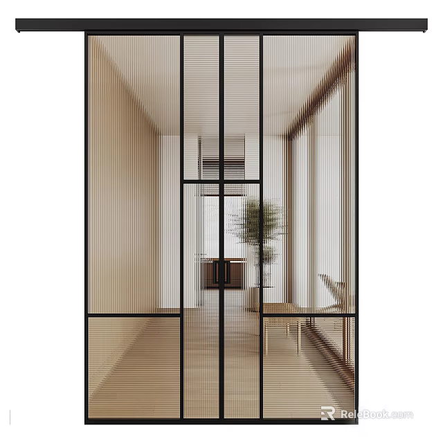Modern Interior Space With Glass Partitions Wooden Decor And Green Plant 3d model 