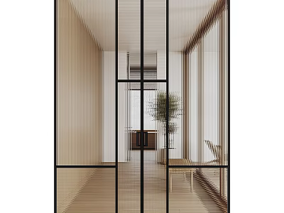 Modern Interior Space With Glass Partitions Wooden Decor And Green Plant 3d model