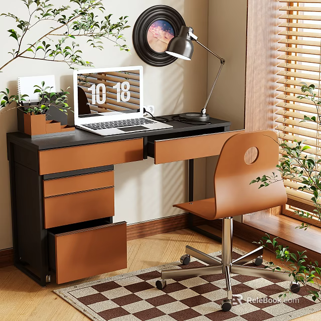 Modern Home Office Desk With Laptop Desk Lamp Brown Drawers And Brown Chair With Round Backrest 3d model 