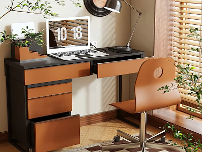Modern Home Office Desk With Laptop Desk Lamp Brown Drawers And Brown Chair With Round Backrest 3d model
