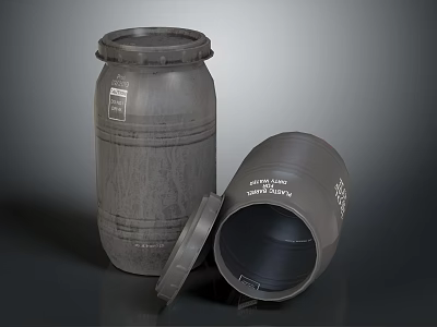 Gray Plastic Drums With Standing And Overturned Drum Open Lid And Labels Showing Contents Weight 3d model