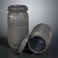 Gray Plastic Drums With Standing And Overturned Drum Open Lid And Labels Showing Contents Weight