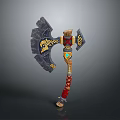 Decorative Battle Axe With Large Stone Blade Golden Patterns And Red Wrapped Handle