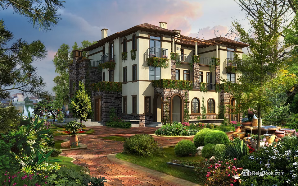 Luxurious Detached Villa Featuring Red Tile Roof Arched Doors Lush Greenery And Stone Pathway 3d model 