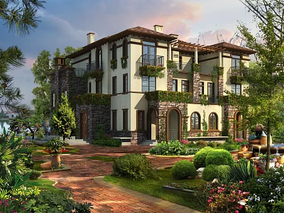 Luxurious Detached Villa Featuring Red Tile Roof Arched Doors Lush Greenery And Stone Pathway 3d model