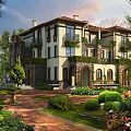 Luxurious Detached Villa Featuring Red Tile Roof Arched Doors Lush Greenery And Stone Pathway