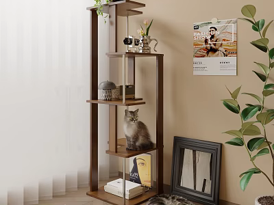 Wooden Storage Shelf With Cat Sitting On It And Green Plants Decorative Items 3d model