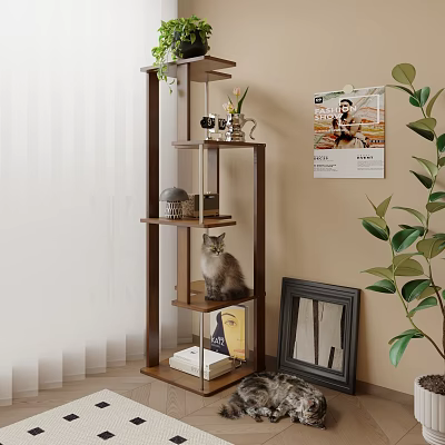 Wooden Storage Shelf With Cat Sitting On It And Green Plants Decorative Items 3d model