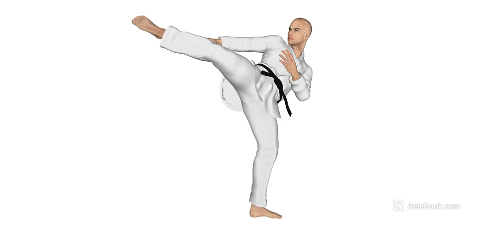 A Man Practicing Karate In White Gi With Black Belt Performing High Kick 3d model 