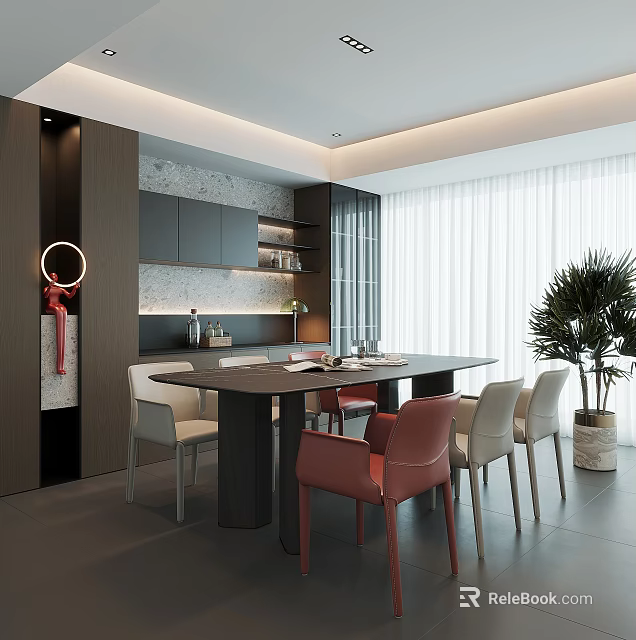 Modern Restaurant Interior Featuring Wooden Dining Table Red White Chairs Grey Wall And Potted Plant 3d model 