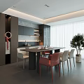 Modern Restaurant Interior Featuring Wooden Dining Table Red White Chairs Grey Wall And Potted Plant