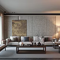 New Chinese Song Style Living Room Song Style Background Wall Sofa Background Sofa Combination 3d model