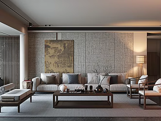 New Chinese Song Style Living Room Song Style Background Wall Sofa Background Sofa Combination 3d model