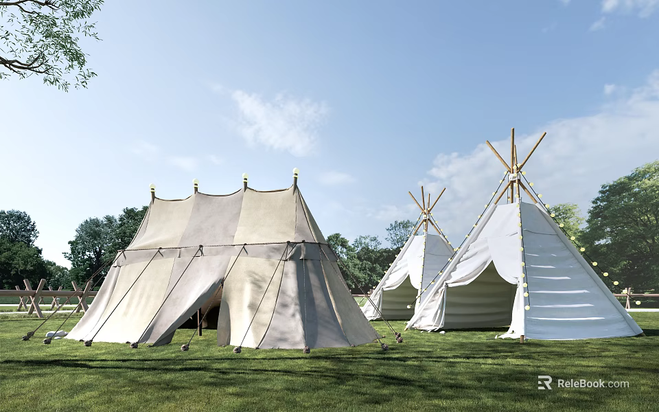 Outdoor Canvas Teepee Tent Camping On Grassland With Trees And Blue Sky 3d model 