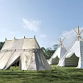 Outdoor Canvas Teepee Tent Camping On Grassland With Trees And Blue Sky