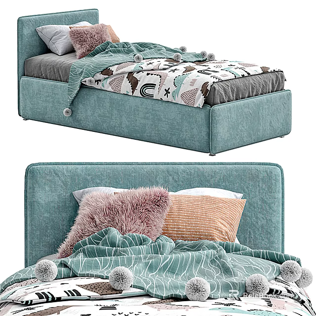 Teal Single Bed With Upholstered Headboard Fuzzy Pillows And Striped Pom Pom Blanket 3d model 
