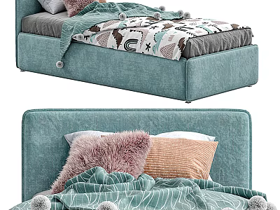 Teal Single Bed With Upholstered Headboard Fuzzy Pillows And Striped Pom Pom Blanket 3d model