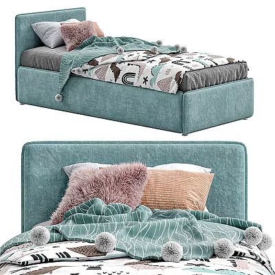 Teal Single Bed With Upholstered Headboard Fuzzy Pillows And Striped Pom Pom Blanket 3d model