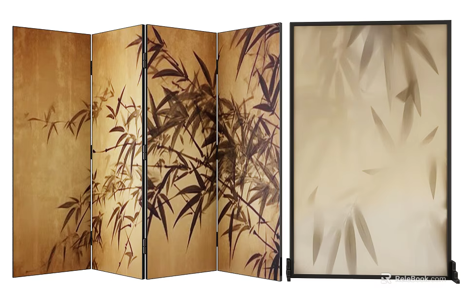 Oriental Folding Screen With Bamboo Pattern And Natural Beige Brown Tones 3d model
