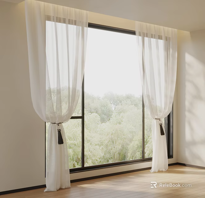 White Curtains Framing Window With Green Trees Outside And Soft Indoor Light 3d model