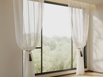 White Curtains Framing Window With Green Trees Outside And Soft Indoor Light 3d model