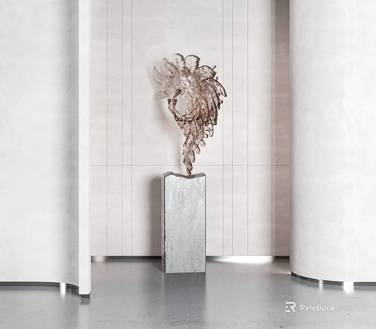 Modern Sculpture With Feather Inspired Curved Design On Gray Square Pedestal Against Light Striped Wall 3d model 