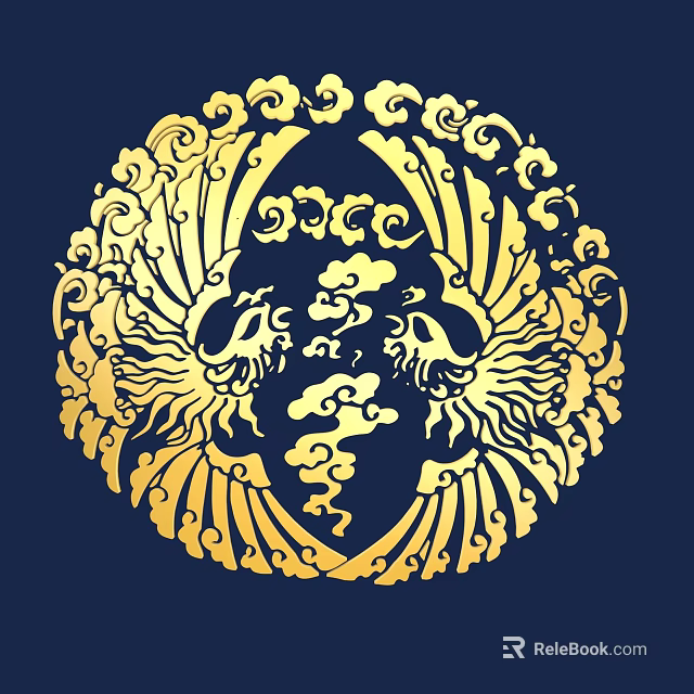 Golden Circular Phoenix Carving With Cloud Patterns On Dark Blue Background 3d model 