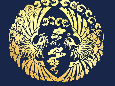 Golden Circular Phoenix Carving With Cloud Patterns On Dark Blue Background 3d model