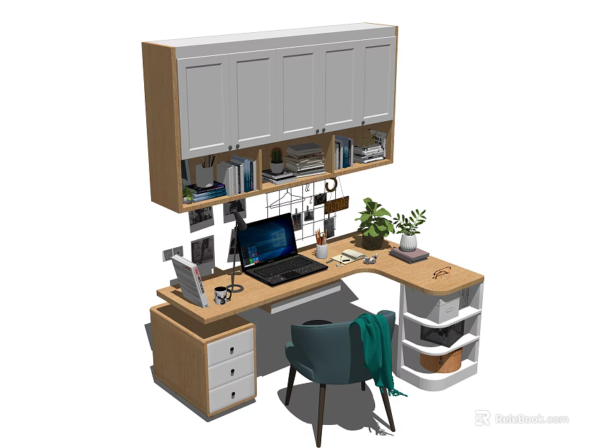 Modern Wooden Desk Setup With Laptop Potted Plants And Wall Mounted Cabinets 3d model 