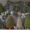 Festive Christmas Trees Decorated With Wreaths Gifts And Reindeer Ornaments