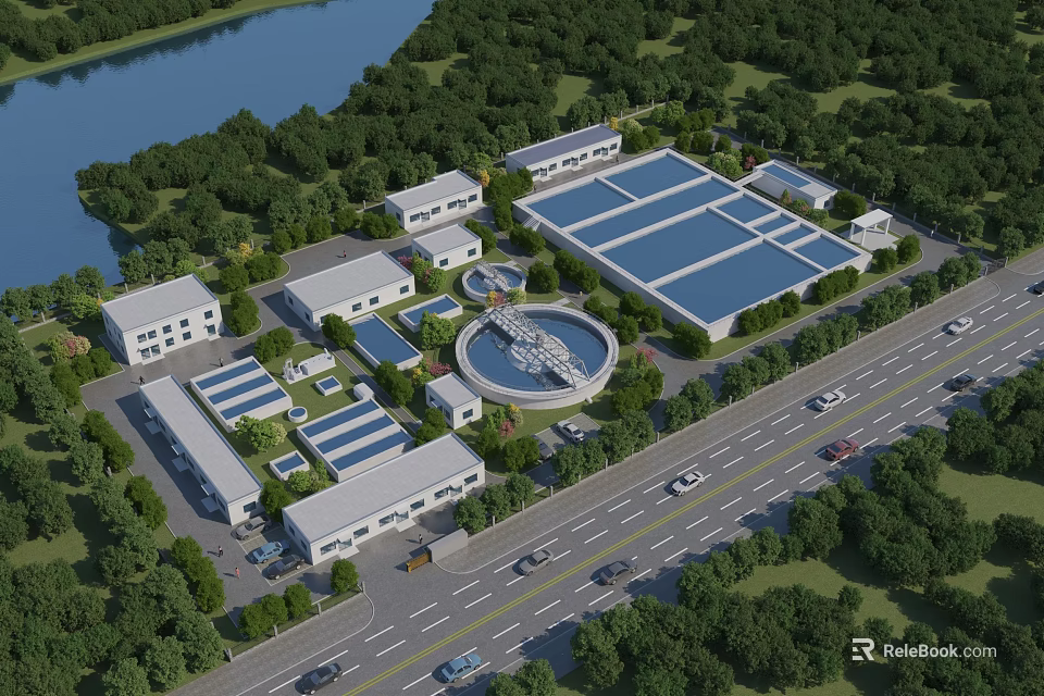 Modern Industrial Plant Surrounded by Lush Greenery Near River and Adjacent Road With Multiple Buildings 3d model 