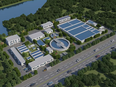 Modern Industrial Plant Surrounded by Lush Greenery Near River and Adjacent Road With Multiple Buildings 3d model