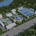 Modern Industrial Plant Surrounded by Lush Greenery Near River and Adjacent Road With Multiple Buildings