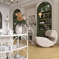 Elegant Living Room Interior With Arched Glass Door Green Cabinets Beige Sofa Armchair And Chandelier