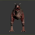 Red Dinosaur Model With Green Stripes Horned Head Open Mouth Standing On Gray Reflective Floor